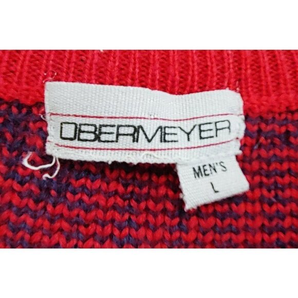 Obermeyer Vintage Men's Wool Sweater Size  Large Red Blue Patterned Ribbed - Picture 3 of 4